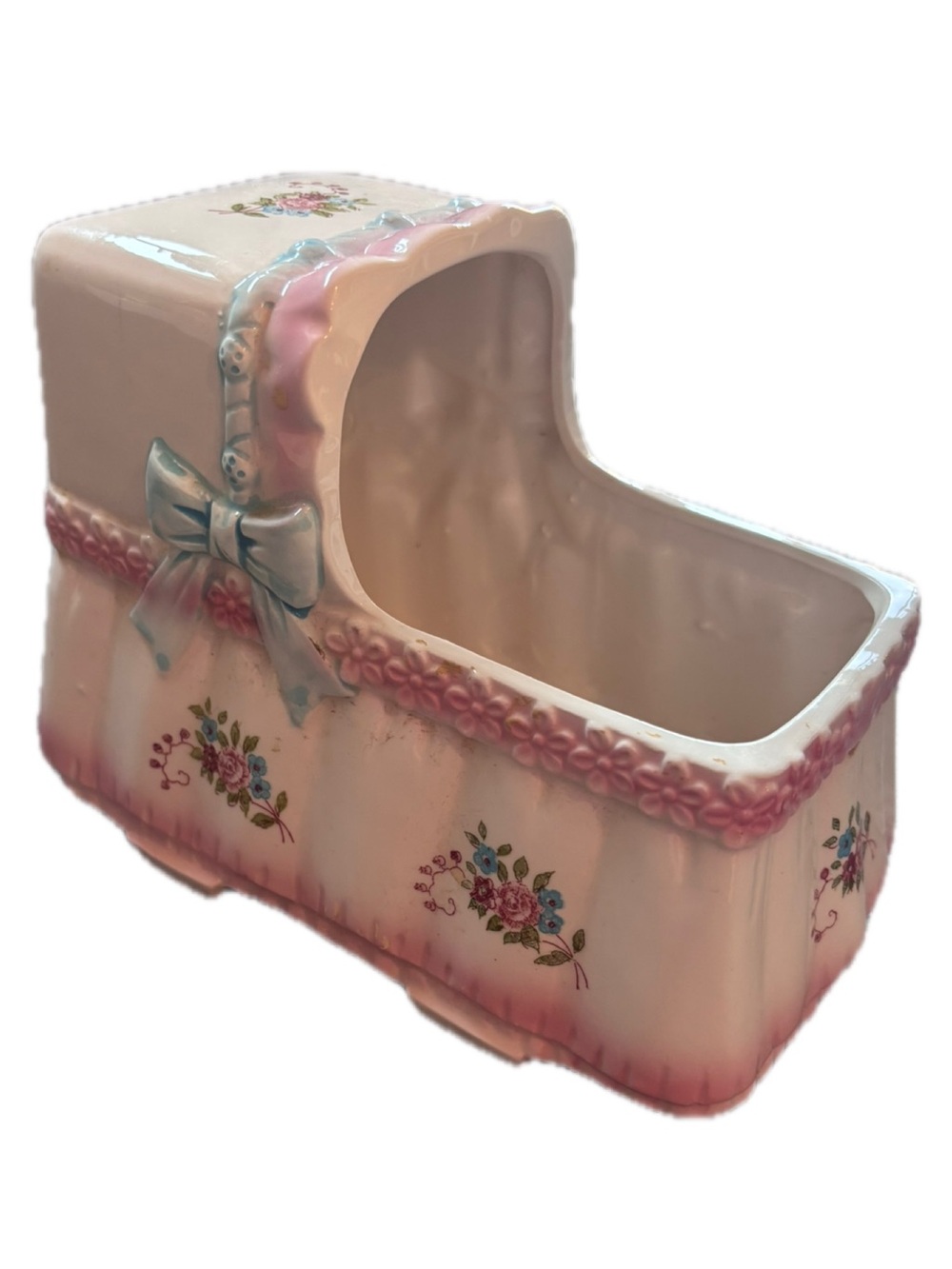 Vintage INARCO Baby Bassinet Crib Ceramic Wind Up Floral Design Japan